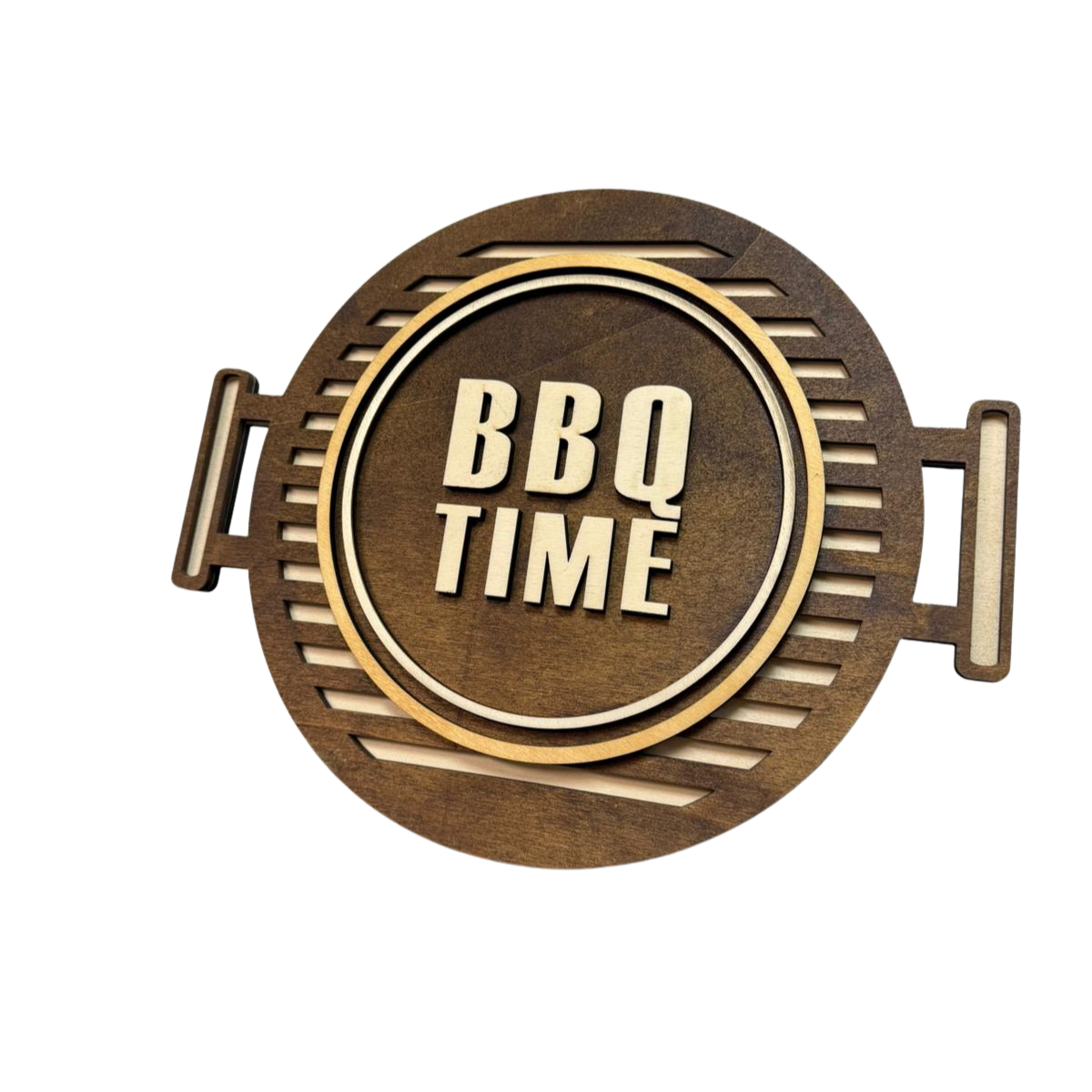 3D Layer Untersetzer „BBQ TIME“ aus Holz – runder Grill-Untersetzer mit Griff-Design