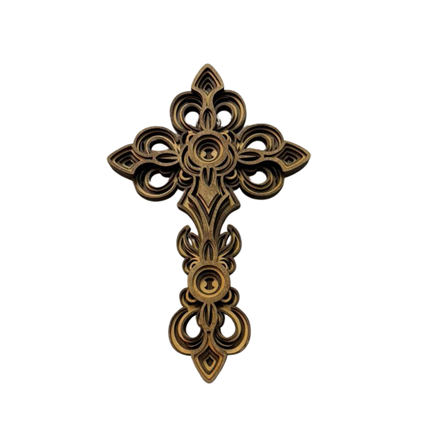 3D Layer Kreuz aus Holz (4 mm Pappel-Sperrholz) – Wanddeko im Vintage-Ornament Stil