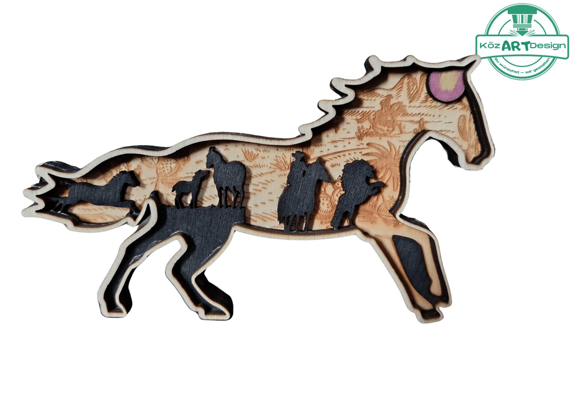 3D Holzdeko Pferdeherde mit kunstvollen, geprägten Details von Pferden und Reitern