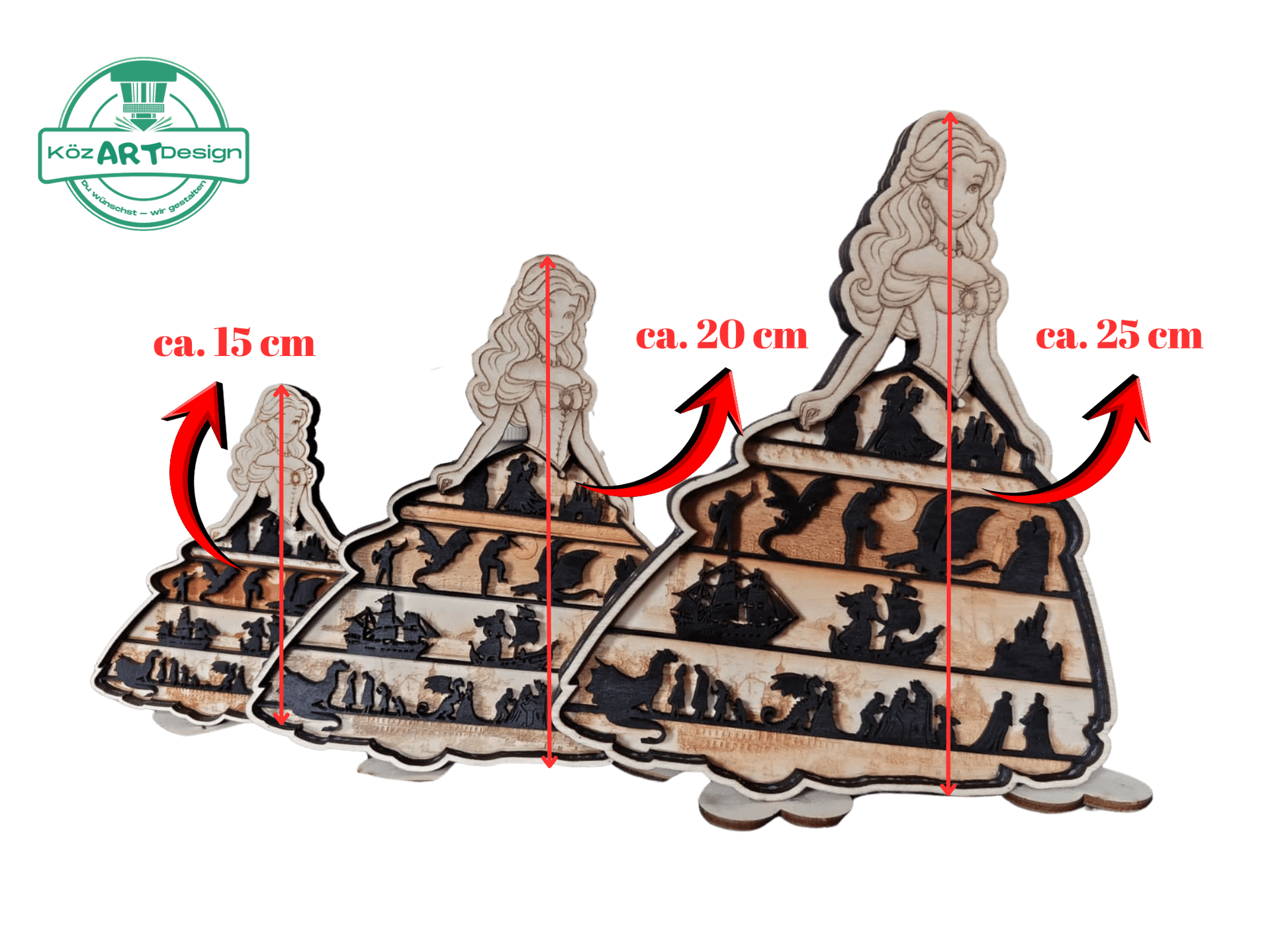 3D Holzdeko Prinzessin personalisiert in verschiedenen Größen von 15 cm bis 25 cm für kreative Dekoration