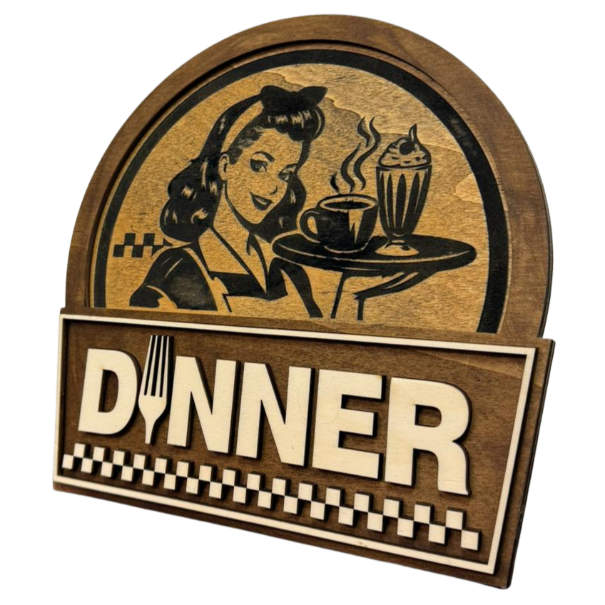 3D Layer Deko „DINNER“ aus Holz – Retro Diner Schild / Tischdeko im Vintage-Stil