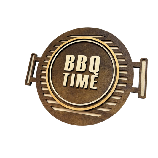3D Layer Untersetzer „BBQ TIME“ aus Holz – runder Grill-Untersetzer mit Griff-Design