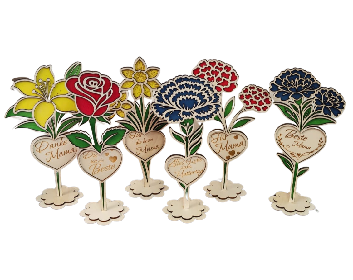 Holzblume mit Herz – dekorative Blumenstecker aus Holz als Geschenk