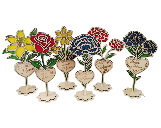Holzblume mit Herz – dekorative Blumenstecker aus Holz als Geschenk