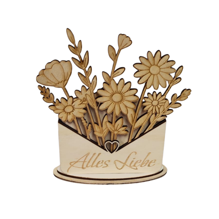 Personalisierbarer Holz-Blumenbrief – filigrane Blumenkarte aus Holz mit Wunschtext