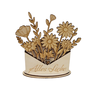 Personalisierbarer Holz-Blumenbrief – filigrane Blumenkarte aus Holz mit Wunschtext