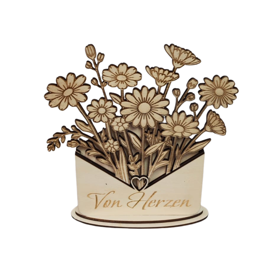 Personalisierbarer Holz-Blumenbrief – filigrane Blumenkarte aus Holz mit Wunschtext