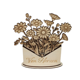 Personalisierbarer Holz-Blumenbrief – filigrane Blumenkarte aus Holz mit Wunschtext