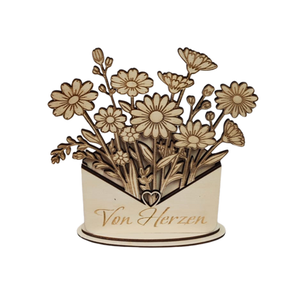 Personalisierbarer Holz-Blumenbrief – filigrane Blumenkarte aus Holz mit Wunschtext