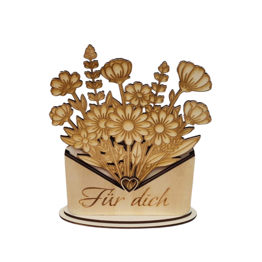 Personalisierbarer Holz-Blumenbrief – filigrane Blumenkarte aus Holz mit Wunschtext