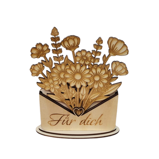 Personalisierbarer Holz-Blumenbrief – filigrane Blumenkarte aus Holz mit Wunschtext