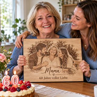 Familienfoto als Geschenk zum 60. Geburtstag der Mutter – Fotogravur auf Pappelholz mit schwarzer Textilkante von KözArtDesign