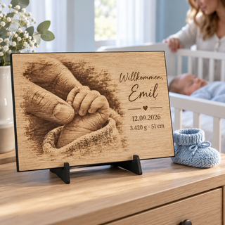 Babyfoto als Erinnerung an Emils Geburt – Fotogravur auf Pappelholz mit schwarzer Textilkante von KözArtDesign