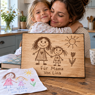 Kinderzeichnung als persönliches Geschenk für Mama – Fotogravur auf Pappelholz mit schwarzer Textilkante von KözArtDesign