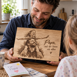 Vater und Kind als Fotogeschenk zum Vatertag – Fotogravur auf Pappelholz mit schwarzer Textilkante von KözArtDesign