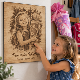 Kinderporträt als Erinnerung an den ersten Schultag – Fotogravur auf Pappelholz mit schwarzer Textilkante von KözArtDesign
