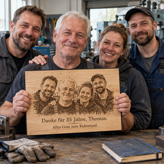Teamfoto als Abschiedsgeschenk nach 35 Berufsjahren – Fotogravur auf Pappelholz mit schwarzer Textilkante von KözArtDesign