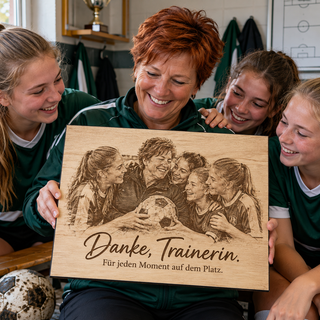 Mannschaftsfoto als Dankeschön für eine Trainerin – Fotogravur auf Pappelholz mit schwarzer Textilkante von KözArtDesign