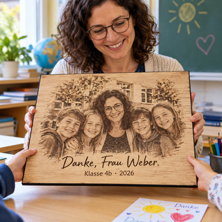 Klassenfoto als persönliches Dankeschön für eine Lehrerin – Fotogravur auf Pappelholz mit schwarzer Textilkante von KözArtDesign