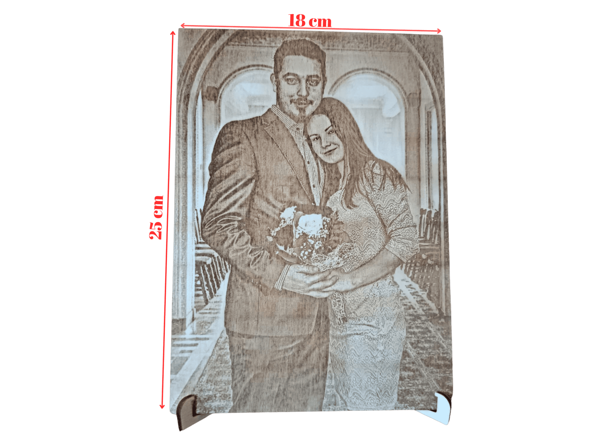 Fotogravur auf Holz eines Paares mit Blumen, ideal für besondere Anlässe wie Hochzeiten