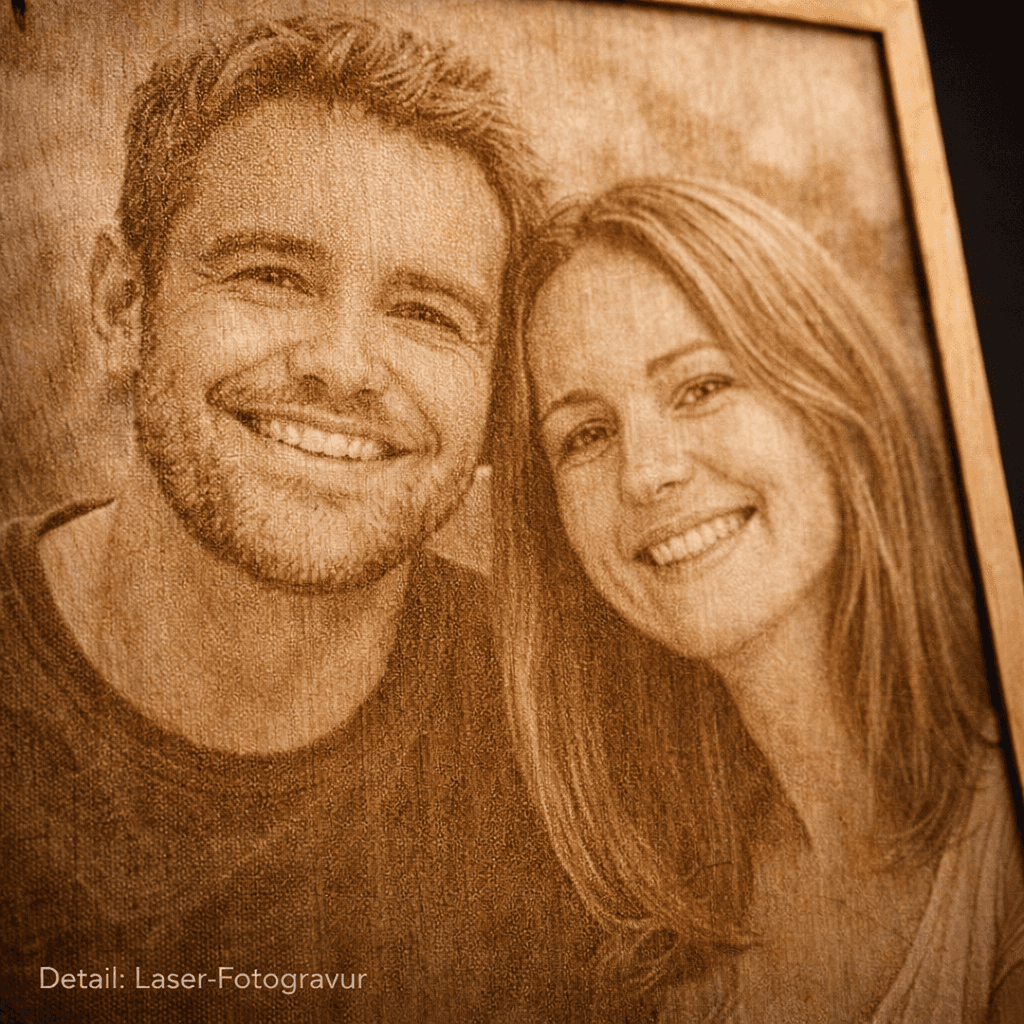 Fotogravur auf Holz mit einem lächelnden Paar, perfekt für persönliche Geschenke und Erinnerungen