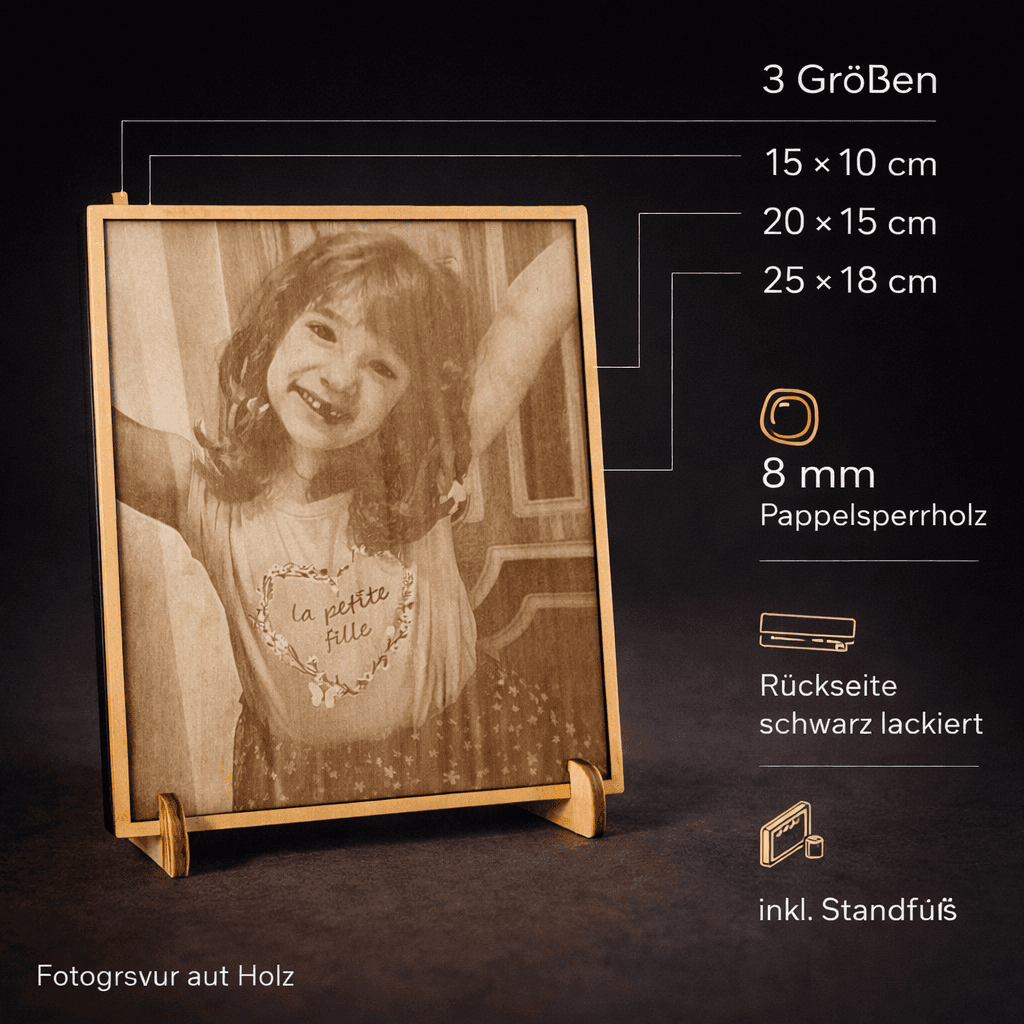 Fotogravur auf Holz mit einem Mädchenmotiv in 3 Größen und stabiler Holzbasis