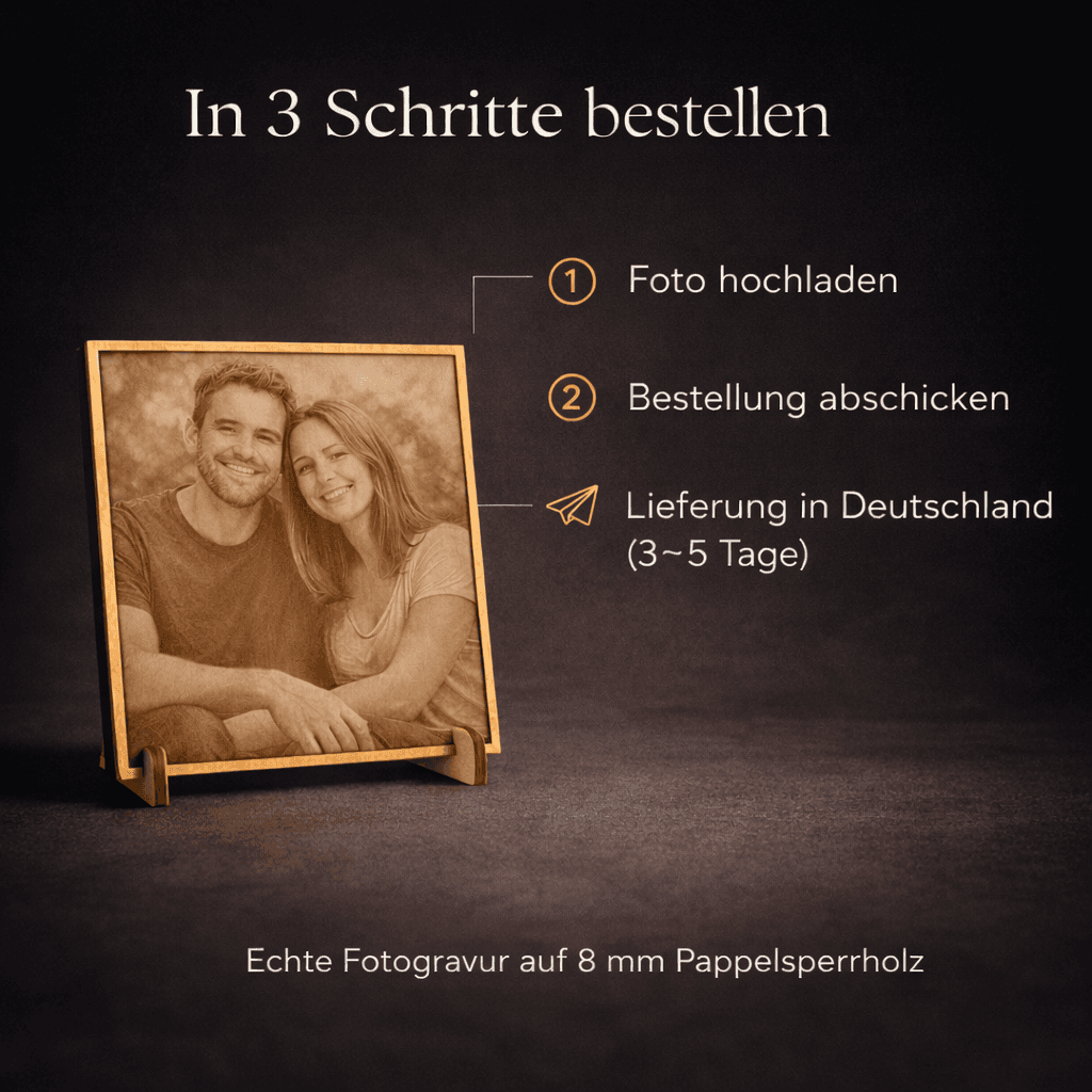 Echte Fotogravur auf Holz in einem Holzrahmen, Anleitung zur Bestellung in drei Schritten