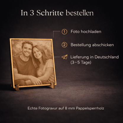Echte Fotogravur auf Holz in einem Holzrahmen, Anleitung zur Bestellung in drei Schritten