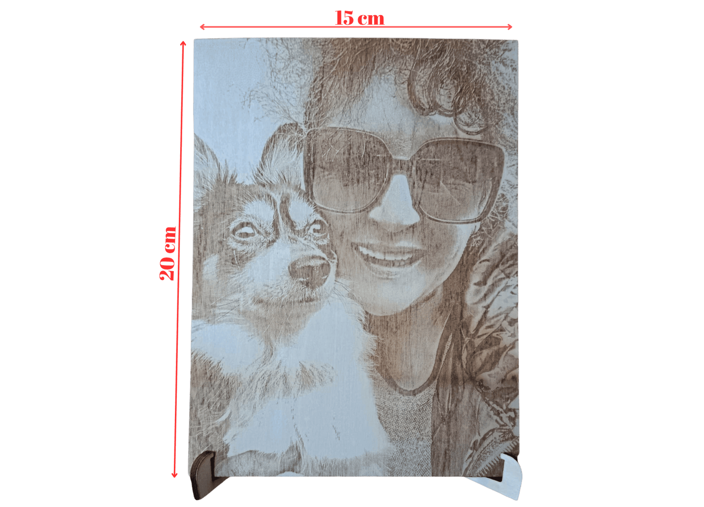 Fotogravur auf Holz mit einem Porträt von einer Person und einem Hund im eleganten Design