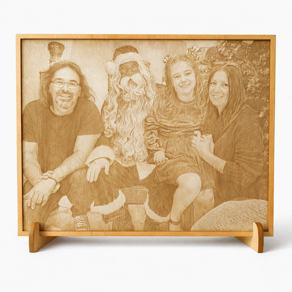 Fotogravur auf Holz mit Familie und Weihnachtsmann in festlicher Atmosphäre