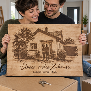 Hausporträt als Einweihungsgeschenk für das erste eigene Zuhause – Fotogravur auf Pappelholz mit schwarzer Textilkante von KözArtDesign