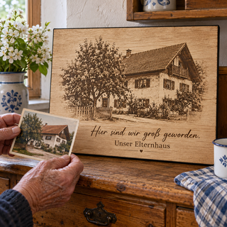Familienhaus als Erinnerung an das Elternhaus – Fotogravur auf Pappelholz mit schwarzer Textilkante von KözArtDesign