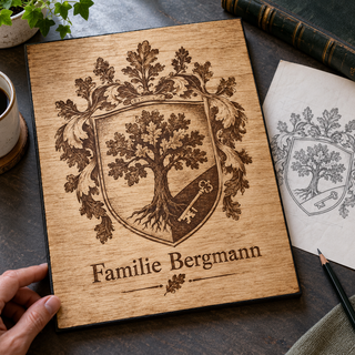 Vorhandenes Familienwappen als persönliche Holzgravur – Fotogravur auf Pappelholz mit schwarzer Textilkante von KözArtDesign