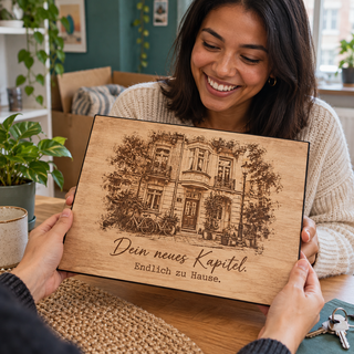 Hausmotiv als Geschenk zum Einzug in eine neue Wohnung – Fotogravur auf Pappelholz mit schwarzer Textilkante von KözArtDesign