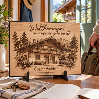 Willkommensmotiv für das Chalet Waldruh im geschützten Innenbereich – Fotogravur auf Pappelholz mit schwarzer Textilkante von KözArtDesign