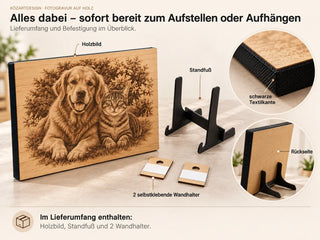 Übersicht zum KözArtDesign Lieferumfang: personalisiertes Holzbild, schwarzer Standfuß, zwei Wandhalter, MDF-Rückseite und Textilkante