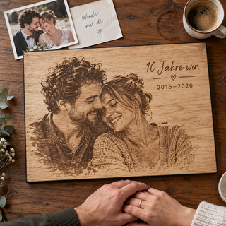 Paarfoto als Geschenk zum zehnten Jahrestag – Fotogravur auf Pappelholz mit schwarzer Textilkante von KözArtDesign