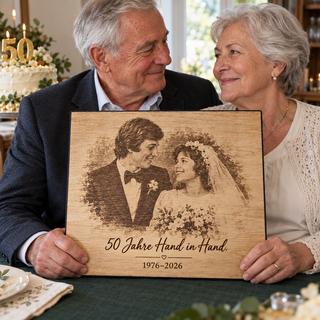 Hochzeitsfoto als Geschenk zur goldenen Hochzeit – Fotogravur auf Pappelholz mit schwarzer Textilkante von KözArtDesign