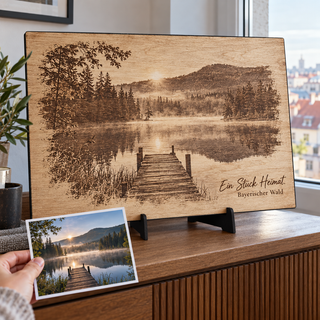 Landschaftsfoto als Erinnerung an einen persönlichen Lieblingsort – Fotogravur auf Pappelholz mit schwarzer Textilkante von KözArtDesign