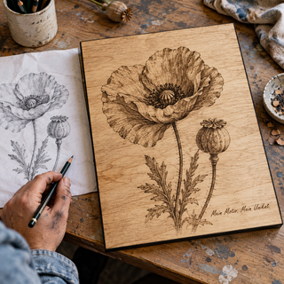 Eigene Blumenzeichnung als persönliche Holzgravur – Fotogravur auf Pappelholz mit schwarzer Textilkante von KözArtDesign