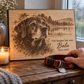 Hundeandenken an Balu mit persönlicher Widmung – Fotogravur auf Pappelholz mit schwarzer Textilkante von KözArtDesign