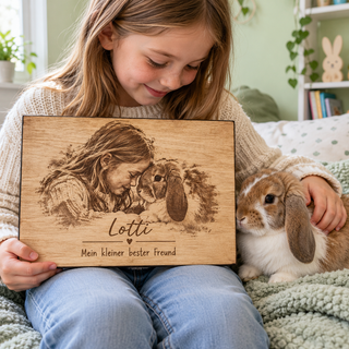 Kaninchenporträt von Lotti als Geschenk für ein Kind – Fotogravur auf Pappelholz mit schwarzer Textilkante von KözArtDesign